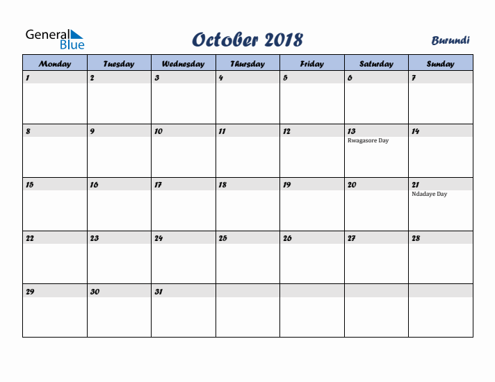 October 2018 Calendar with Holidays in Burundi