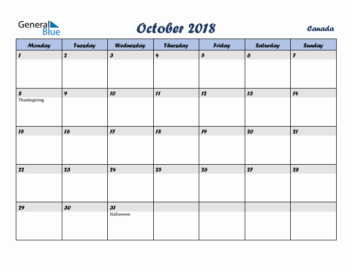 October 2018 Calendar with Holidays in Canada