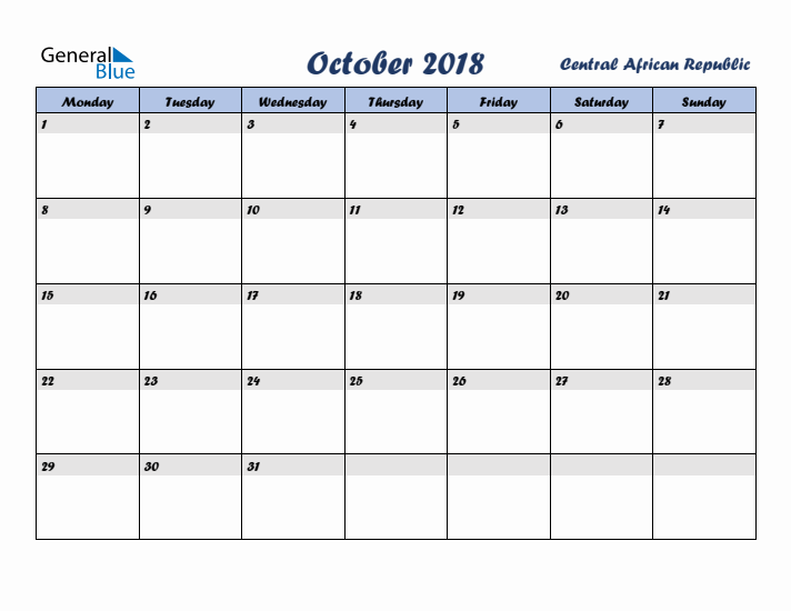 October 2018 Calendar with Holidays in Central African Republic