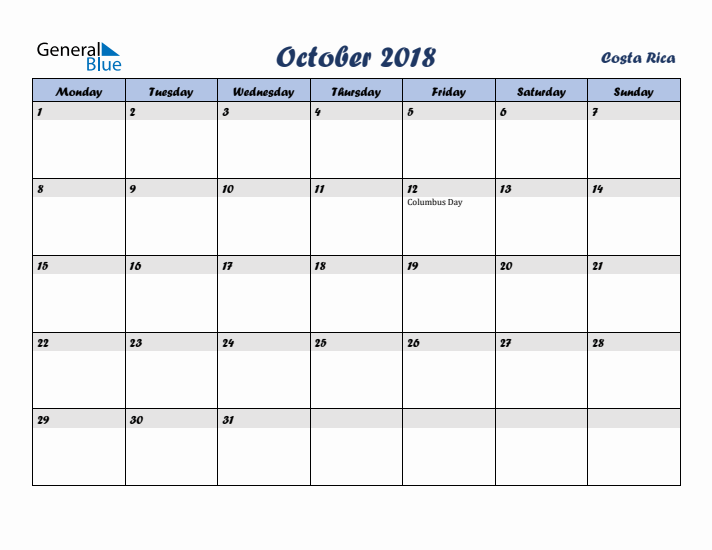 October 2018 Calendar with Holidays in Costa Rica