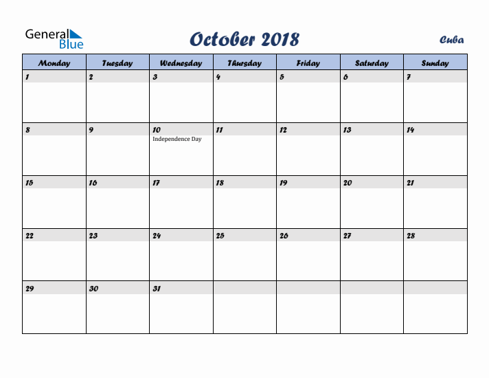October 2018 Calendar with Holidays in Cuba