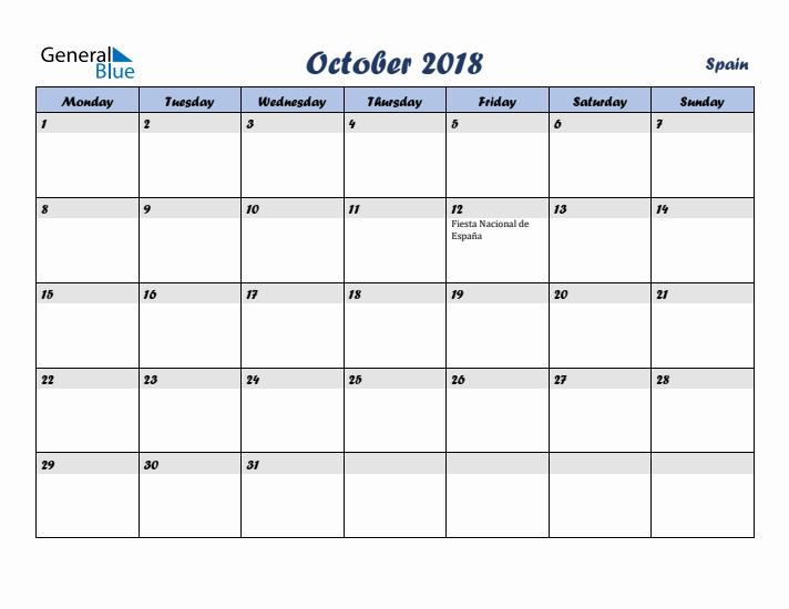 October 2018 Calendar with Holidays in Spain