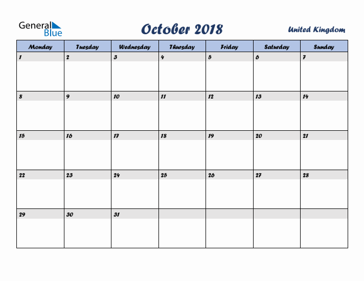 October 2018 Calendar with Holidays in United Kingdom