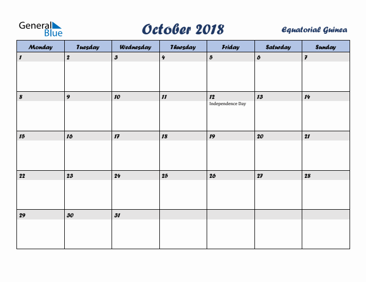October 2018 Calendar with Holidays in Equatorial Guinea