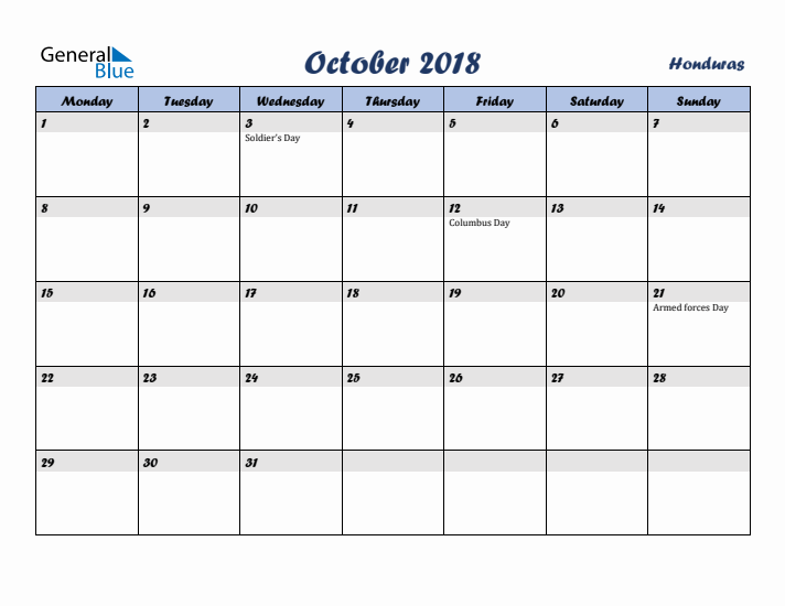 October 2018 Calendar with Holidays in Honduras