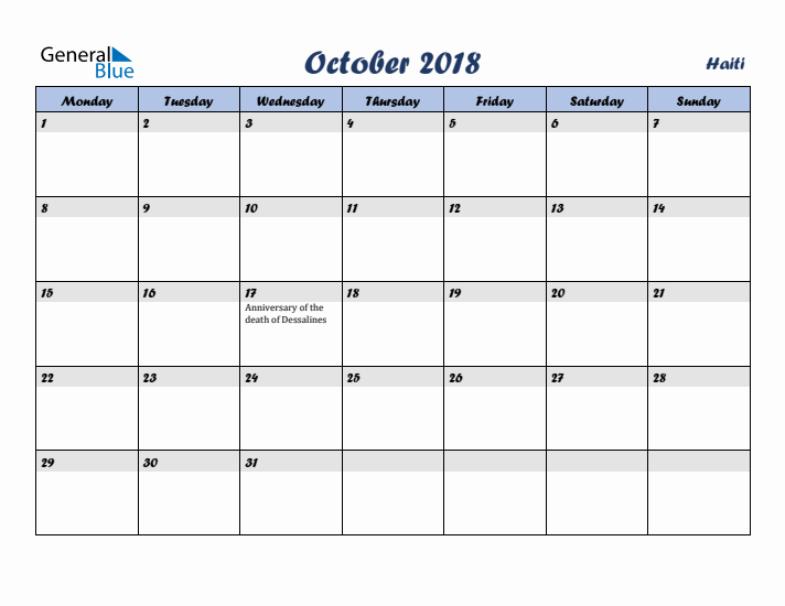 October 2018 Calendar with Holidays in Haiti