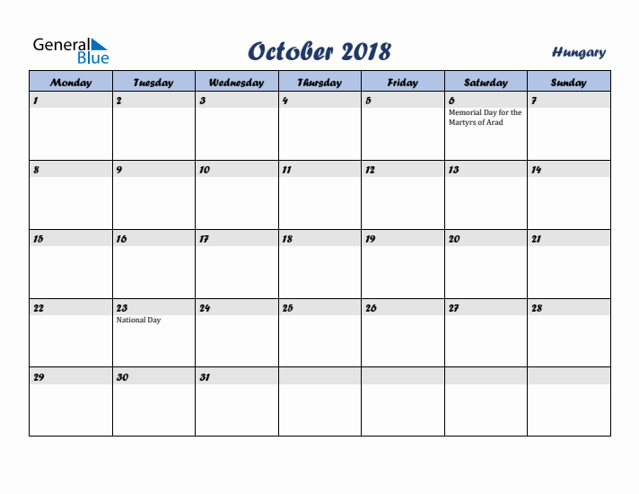 October 2018 Calendar with Holidays in Hungary