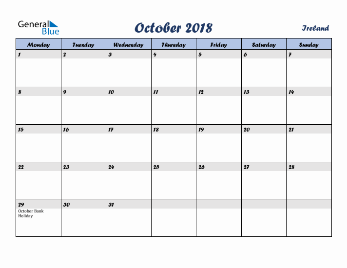 October 2018 Calendar with Holidays in Ireland