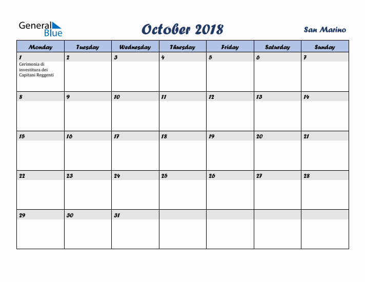 October 2018 Calendar with Holidays in San Marino