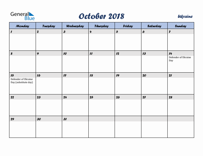 October 2018 Calendar with Holidays in Ukraine