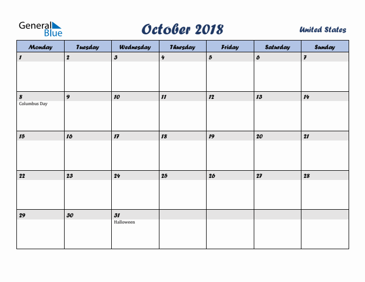 October 2018 Calendar with Holidays in United States