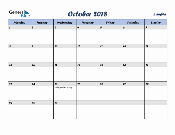 October 2018 Calendar with Holidays in Zambia