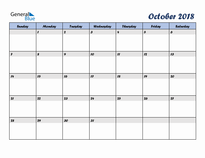 October 2018 Blue Calendar (Sunday Start)