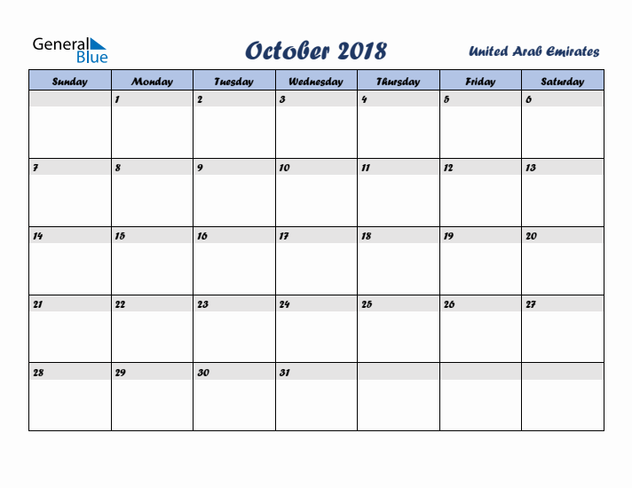 October 2018 Calendar with Holidays in United Arab Emirates