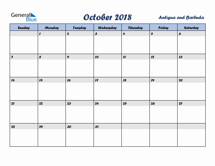 October 2018 Calendar with Holidays in Antigua and Barbuda