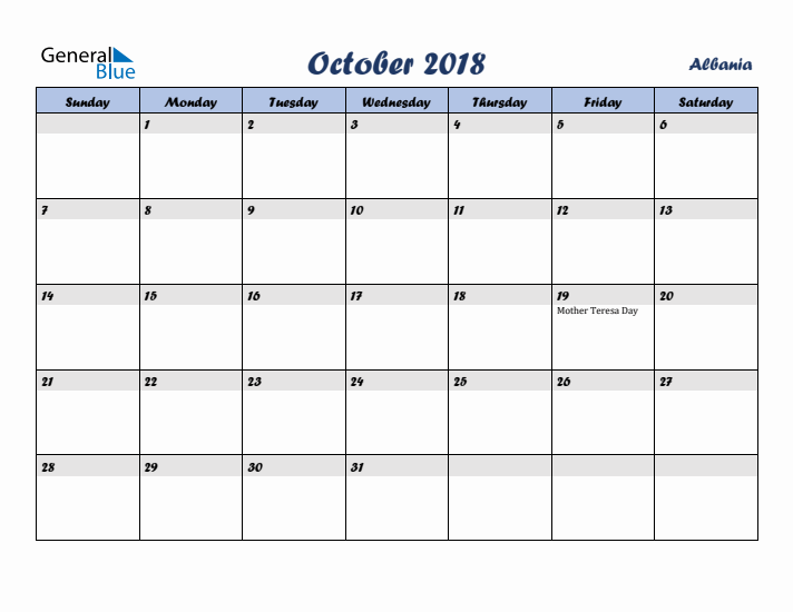October 2018 Calendar with Holidays in Albania