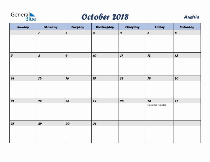 October 2018 Calendar with Holidays in Austria