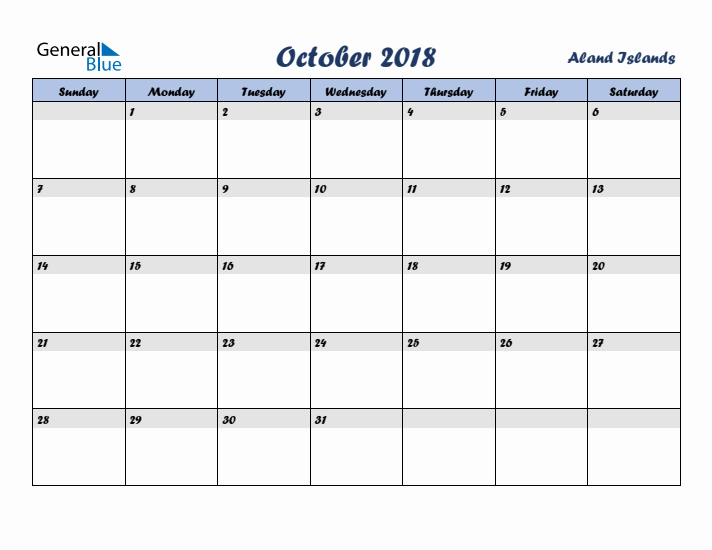 October 2018 Calendar with Holidays in Aland Islands