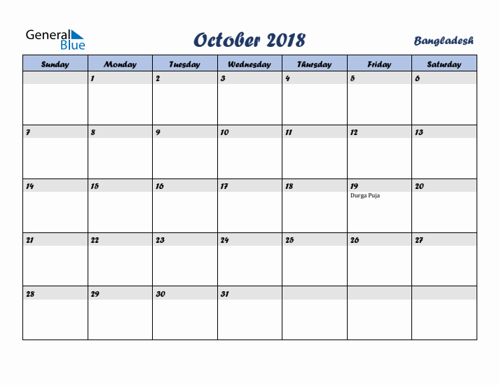 October 2018 Calendar with Holidays in Bangladesh