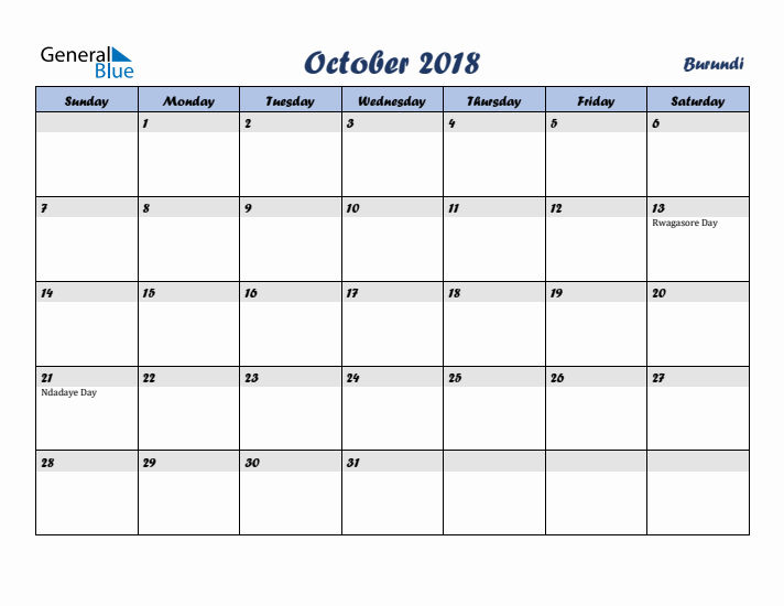 October 2018 Calendar with Holidays in Burundi