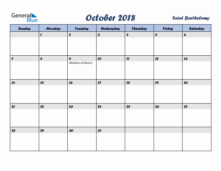 October 2018 Calendar with Holidays in Saint Barthelemy