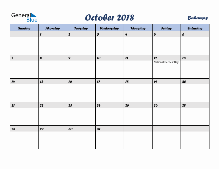 October 2018 Calendar with Holidays in Bahamas