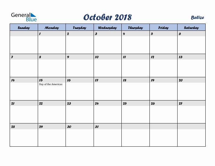October 2018 Calendar with Holidays in Belize