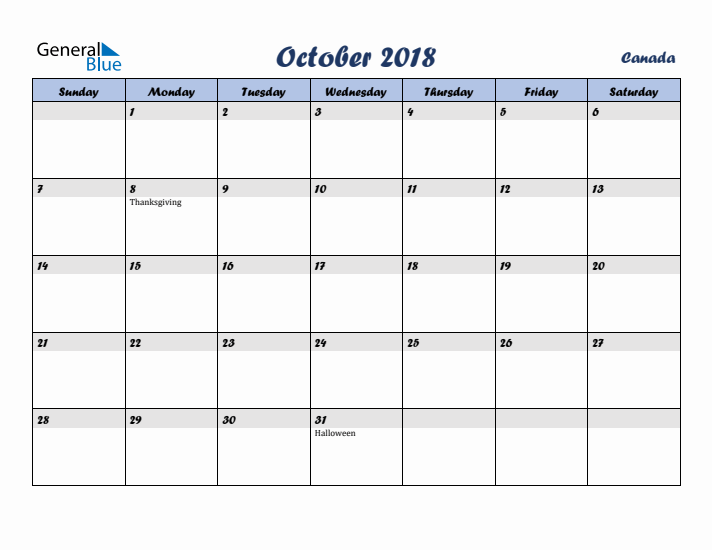 October 2018 Calendar with Holidays in Canada