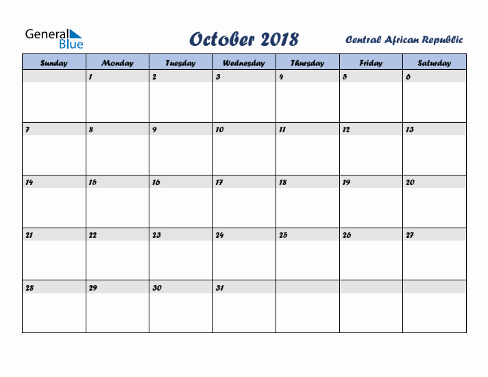 October 2018 Calendar with Holidays in Central African Republic