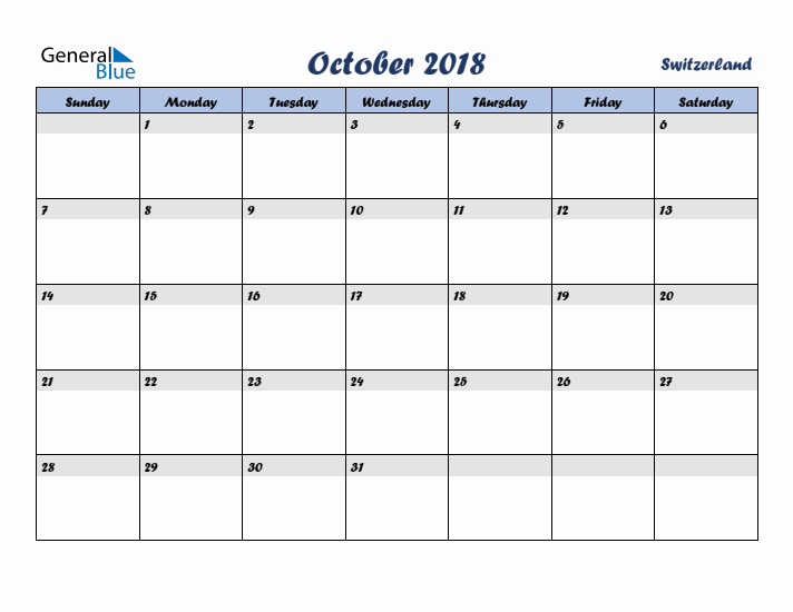 October 2018 Calendar with Holidays in Switzerland