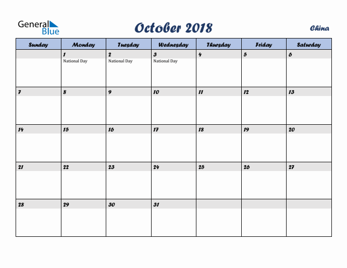 October 2018 Calendar with Holidays in China