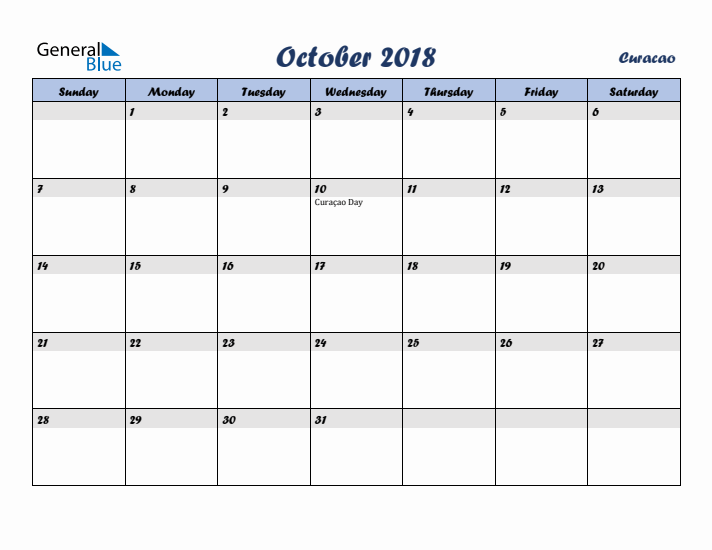 October 2018 Calendar with Holidays in Curacao