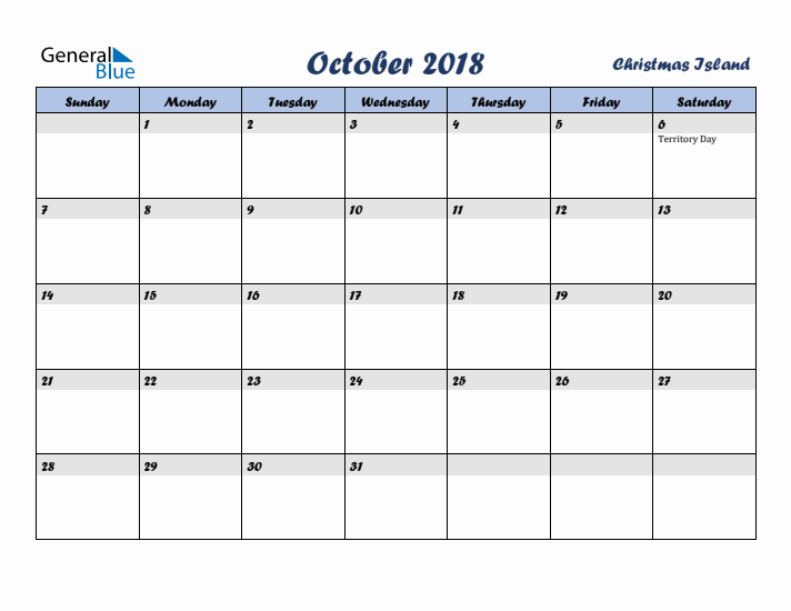 October 2018 Calendar with Holidays in Christmas Island