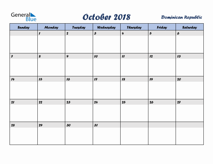October 2018 Calendar with Holidays in Dominican Republic