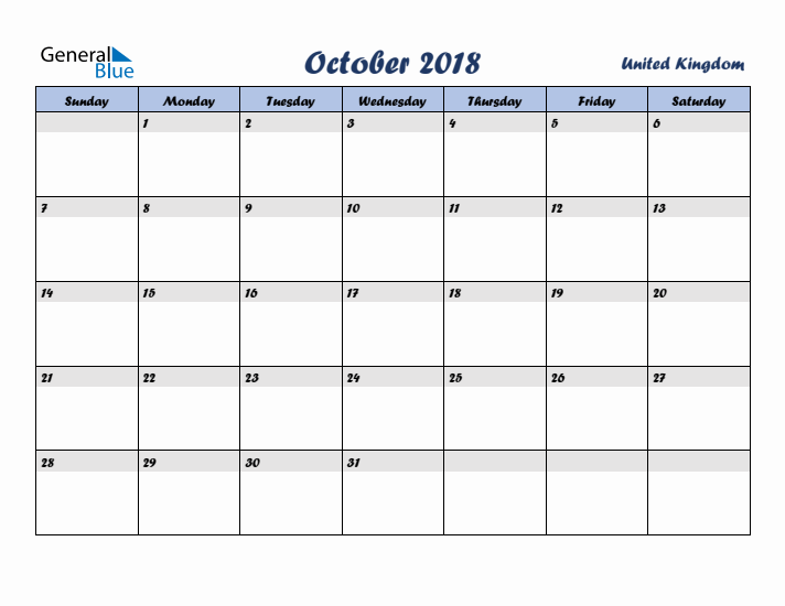 October 2018 Calendar with Holidays in United Kingdom