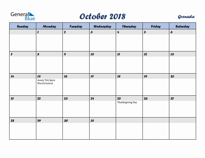 October 2018 Calendar with Holidays in Grenada