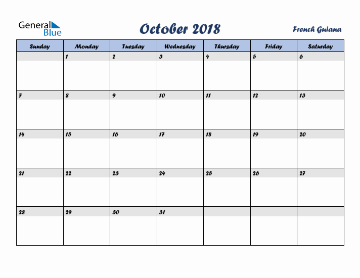 October 2018 Calendar with Holidays in French Guiana