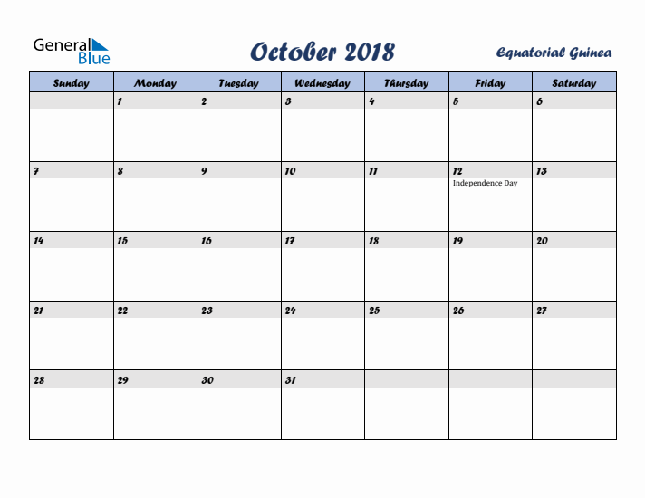 October 2018 Calendar with Holidays in Equatorial Guinea