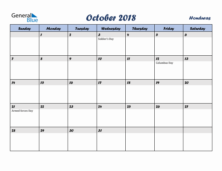 October 2018 Calendar with Holidays in Honduras