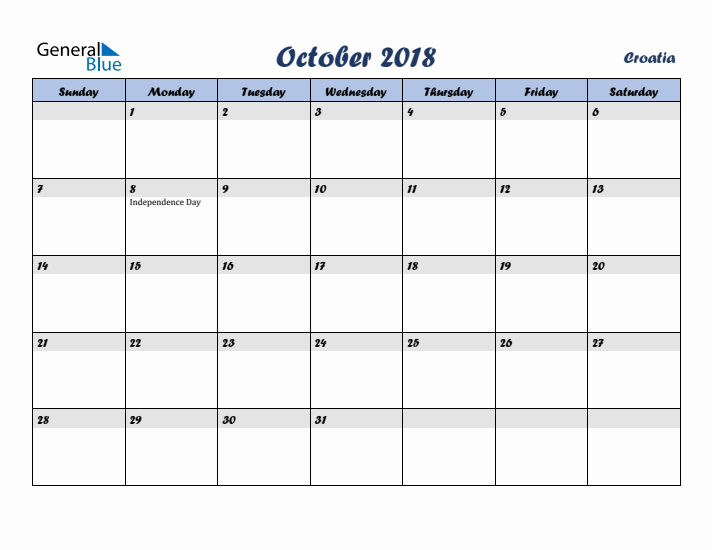 October 2018 Calendar with Holidays in Croatia