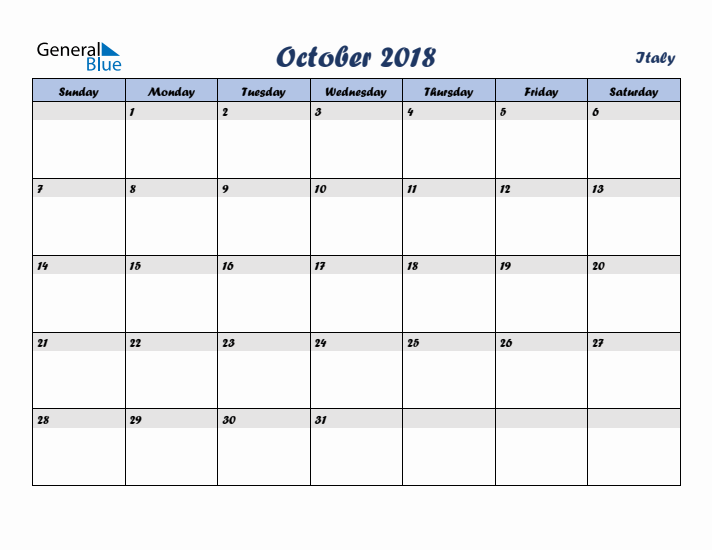 October 2018 Calendar with Holidays in Italy