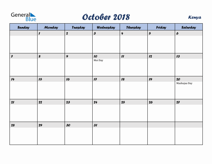 October 2018 Calendar with Holidays in Kenya