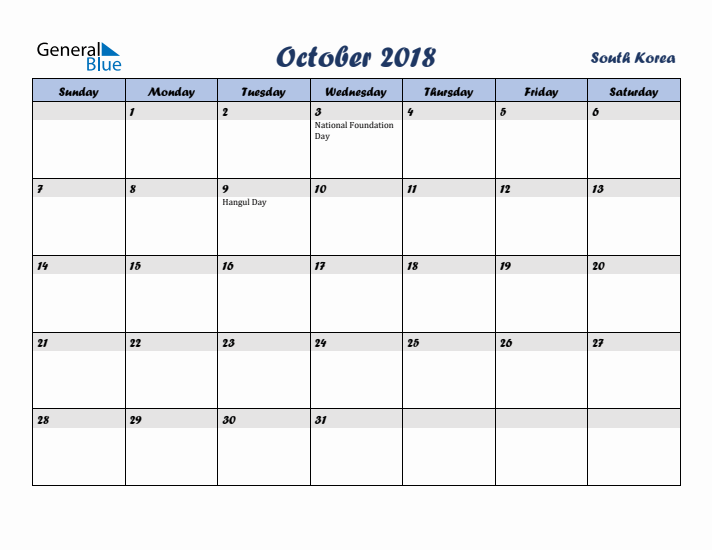 October 2018 Calendar with Holidays in South Korea