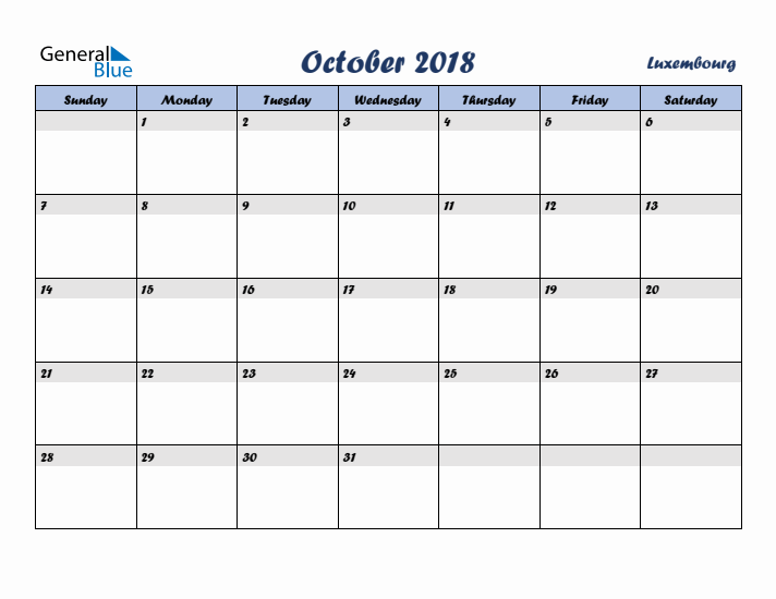 October 2018 Calendar with Holidays in Luxembourg