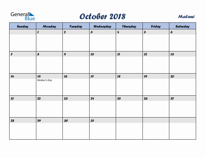 October 2018 Calendar with Holidays in Malawi