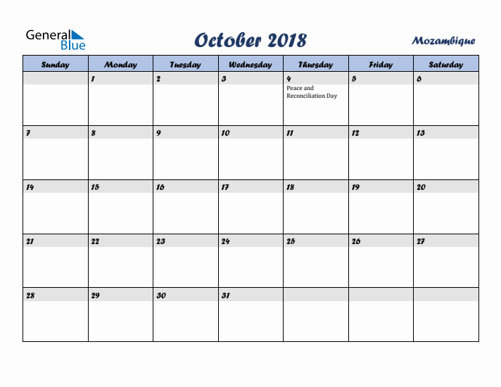 October 2018 Calendar with Holidays in Mozambique