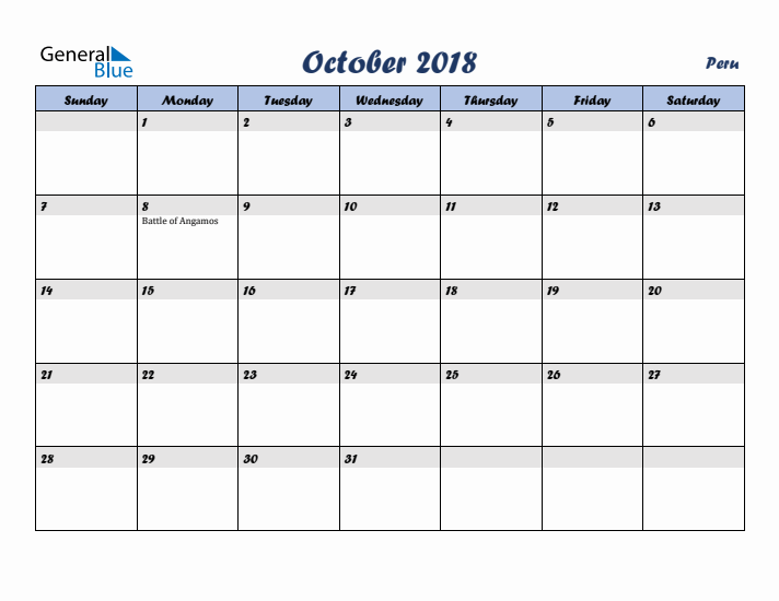 October 2018 Calendar with Holidays in Peru