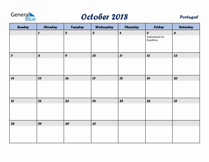 October 2018 Calendar with Holidays in Portugal
