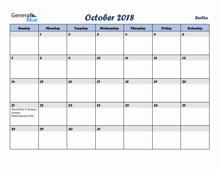 October 2018 Calendar with Holidays in Serbia