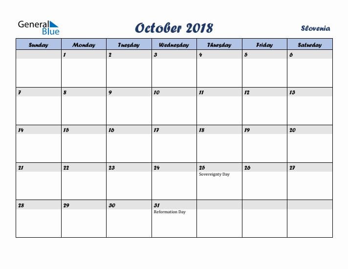 October 2018 Calendar with Holidays in Slovenia